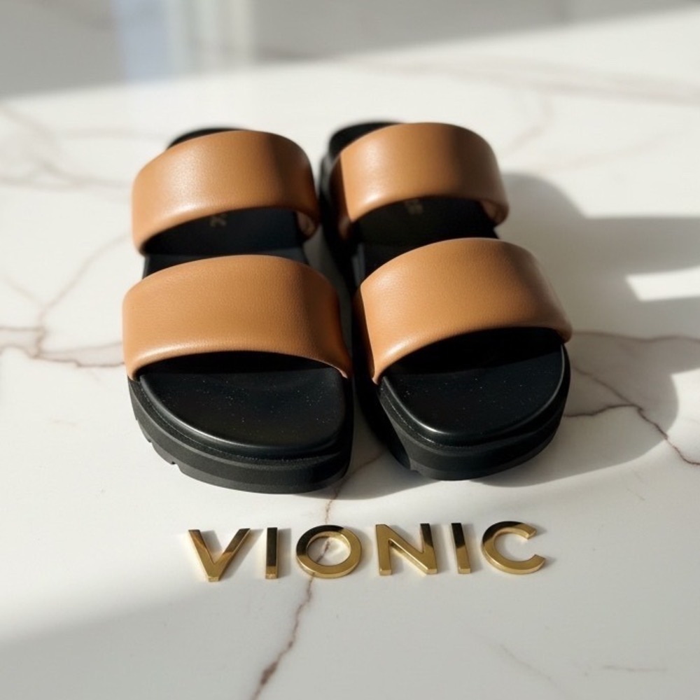 Vionic Modesto Tan Padded Leather Platform Slide Sandals Womens 6.5 NWOT